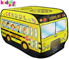 Kiddie Play school bus pop-up tent folds compactly for quick storage.