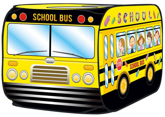 Kiddie Play school bus pop-up tent front view for imaginative play and easy setup.
