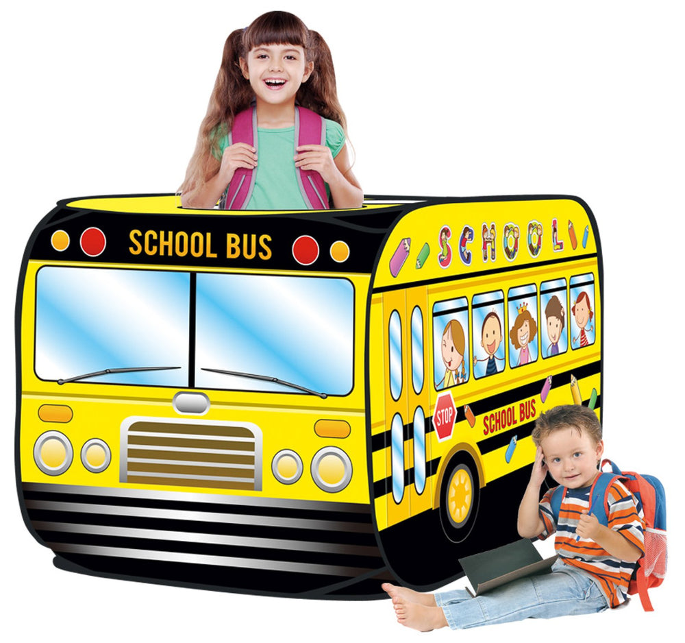 Kiddie Play school bus pop-up tent durable polyester fabric and steel frame.