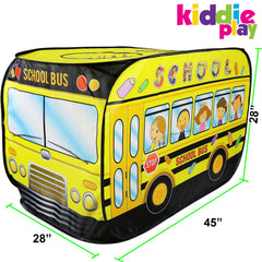 Kiddie Play school bus pop-up tent open door promotes quick access and pretend adventures.
