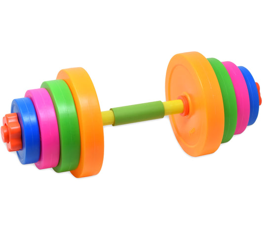 Kiddie Play weight set barbell dumbbells assembled for easy toddler grip and play.