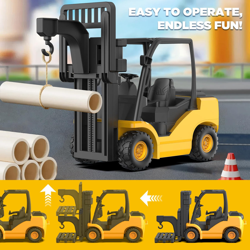 KIDDITOY forklift arm lift action demonstrates practical cargo handling.