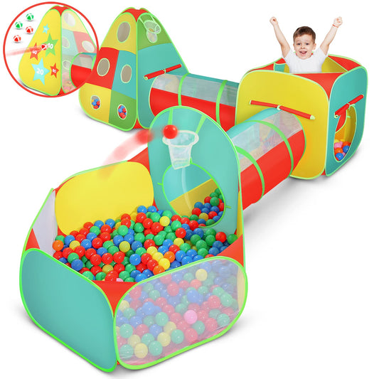 Kiddzery 5pc play tent with ball pit and crawl tunnel for imaginative play and motor skills.