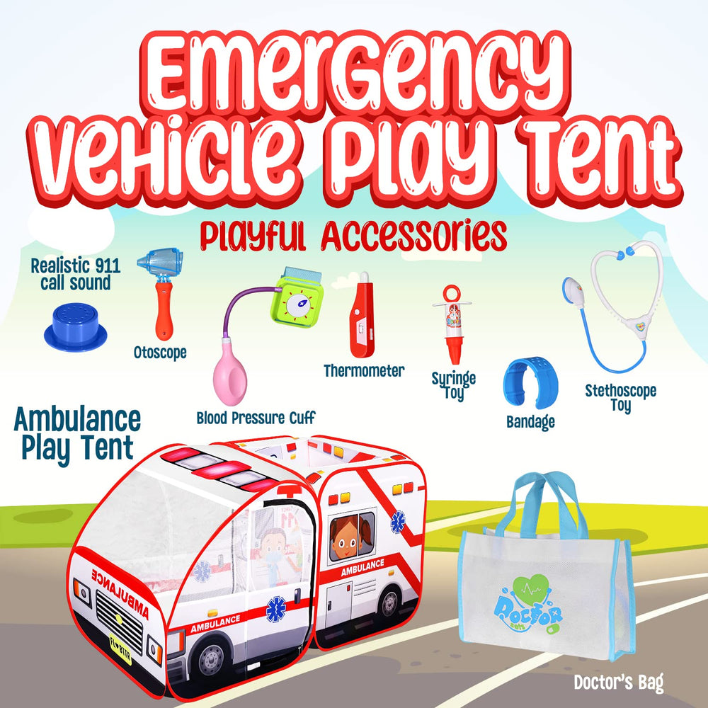 Kiddzery ambulance pop-up tent doors and roof enhance accessibility