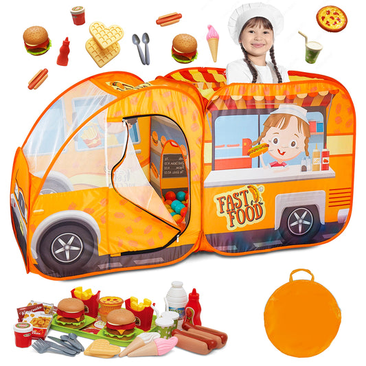 Kiddzery Food Truck Play Tent setup supports portable pretend play at home or park.