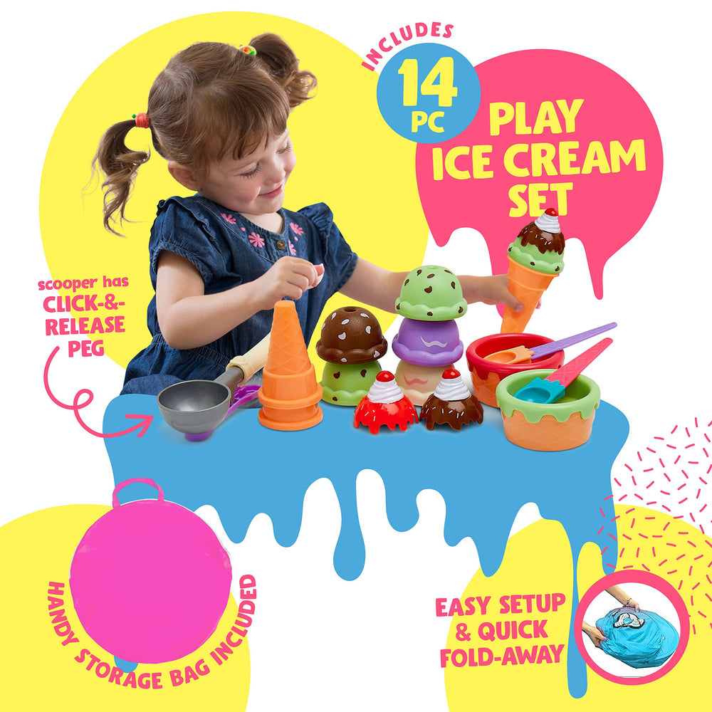 Kiddzery Ice Cream Toy Set with 14 pieces for imaginative shopping play.