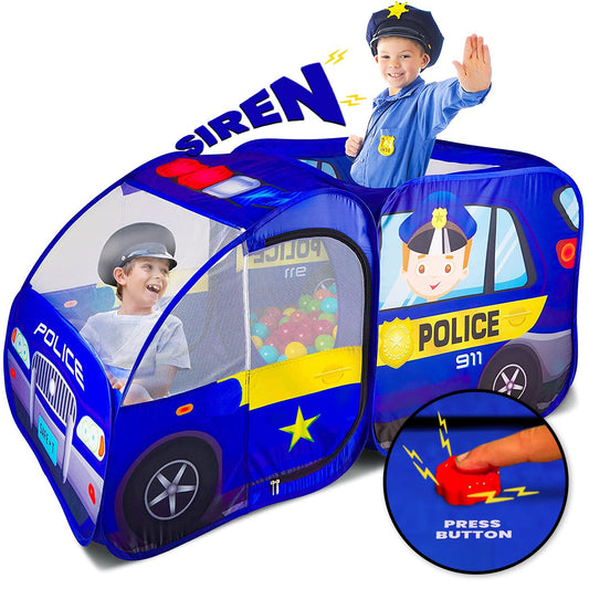 Kiddzery police car tent with siren button for imaginative play indoors and outdoors.