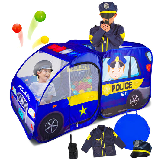 Kiddzery police car pop-up tent for quick indoor or outdoor imaginative play.