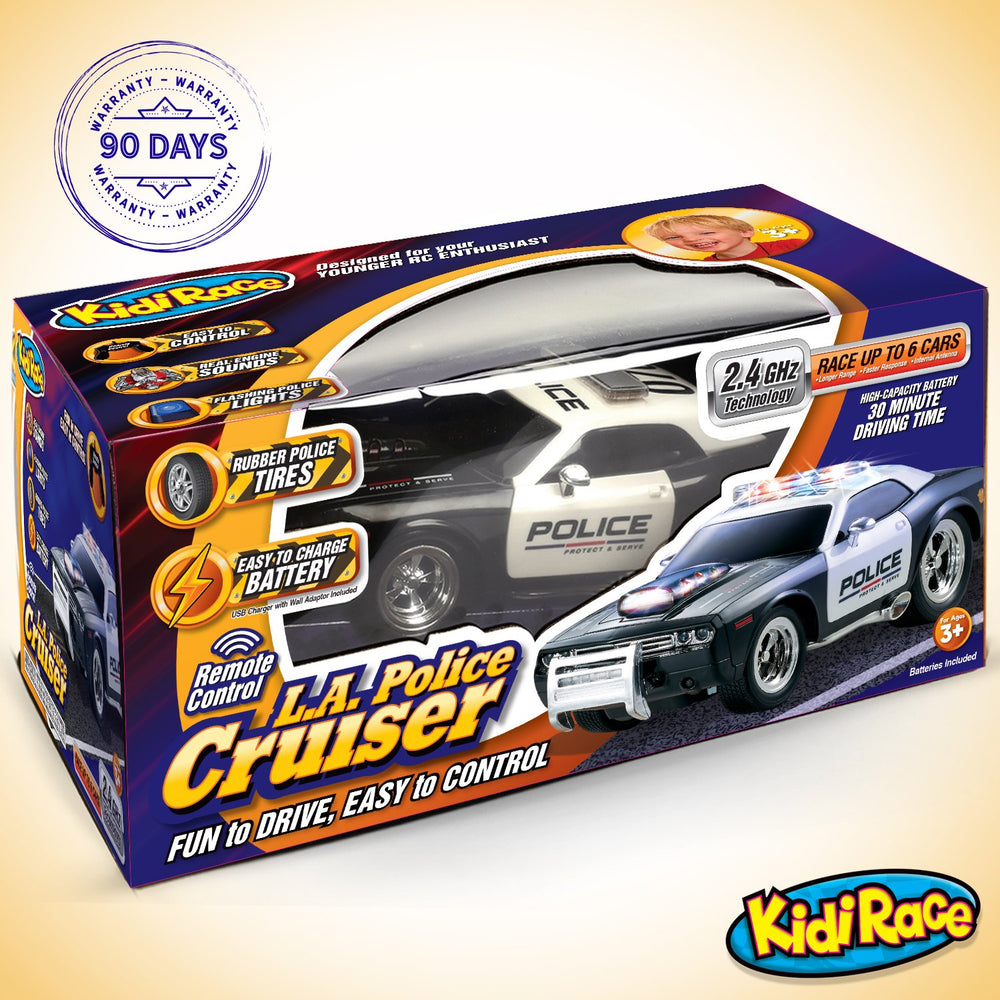 Kidirace RC police car with non-slip wheels for stable play on smooth floors.