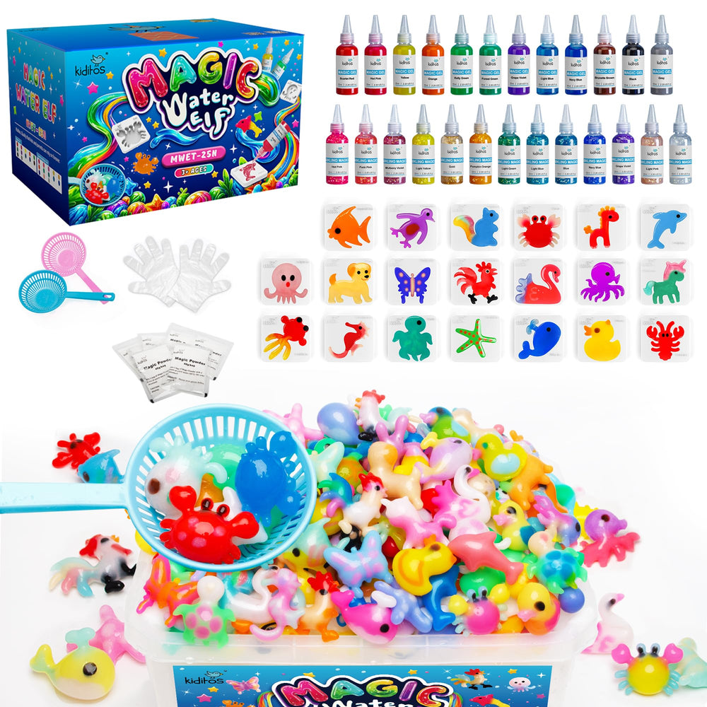 Kiditos Magic Water Elf Kit contents with gels, molds, and nets for creative play