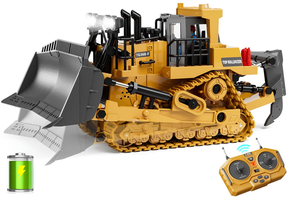 KIDMARKT metal RC bulldozer front view with lights for indoor play.