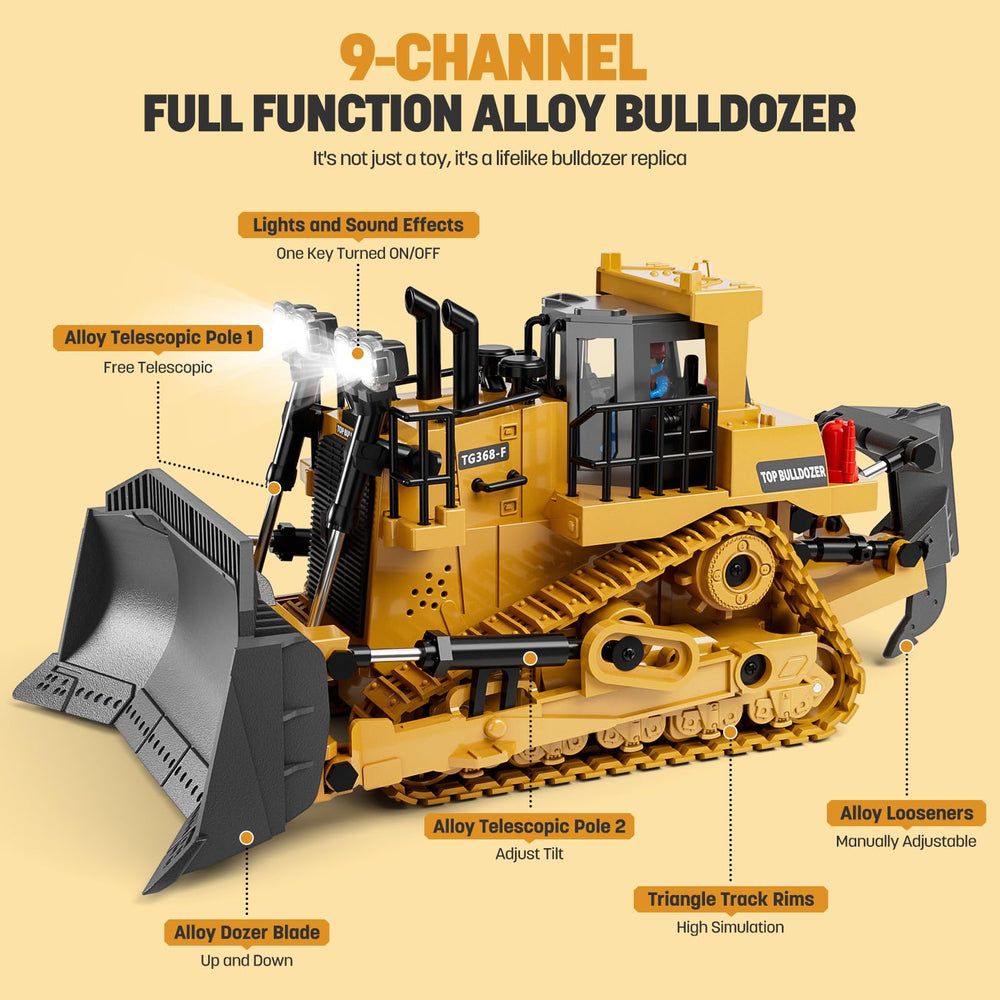 KIDMARKT metal RC bulldozer side view shows rugged tracks for outdoor use.