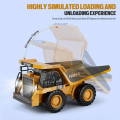 KIDMARKT RC dump truck features LED lights and realistic sounds.