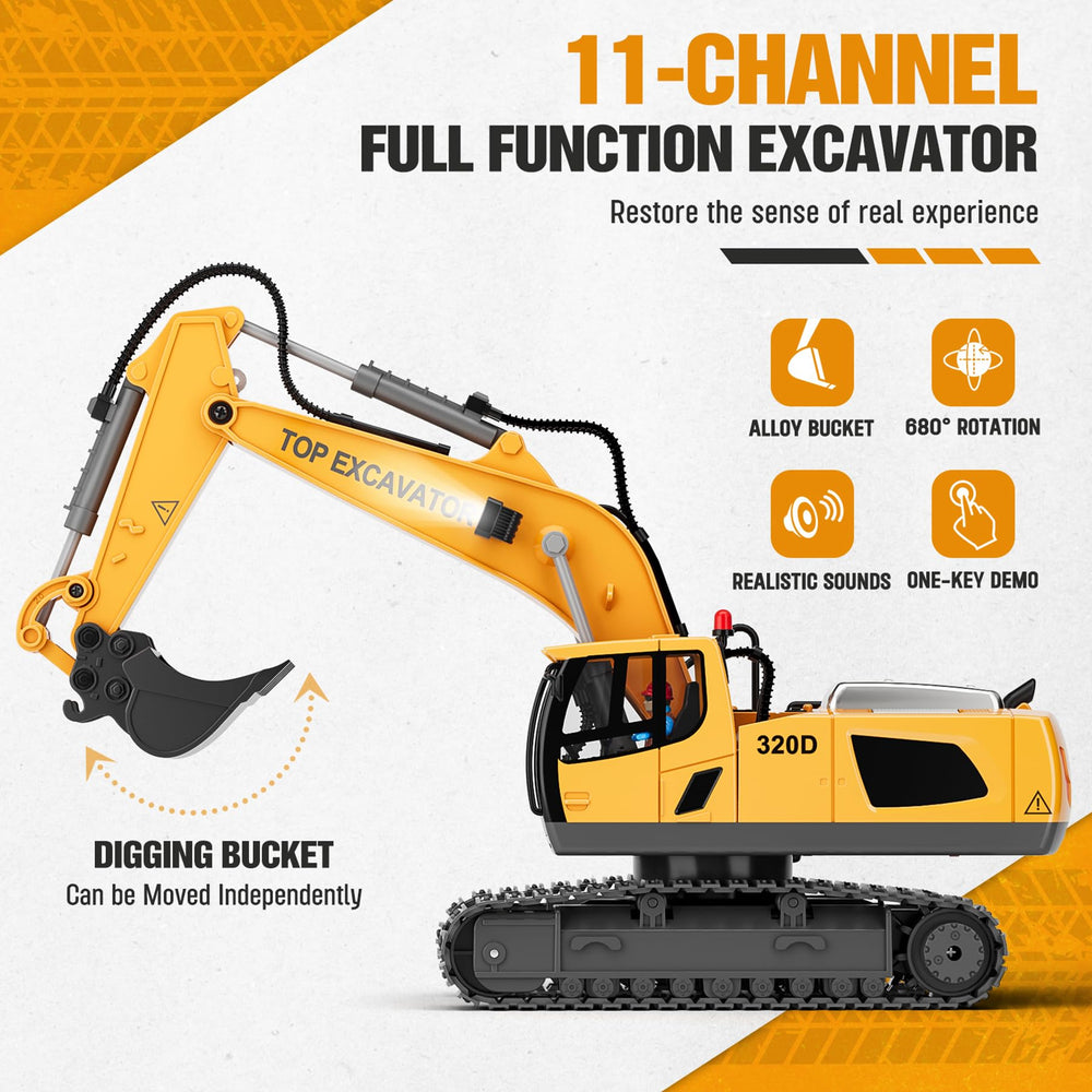KIDMARKT RC excavator 360-degree side view demonstrates full mobility for dynamic digging.