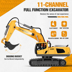 KIDMARKT RC excavator 360-degree side view demonstrates full mobility for dynamic digging.