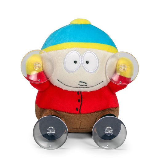 Kidrobot Cartman 6-inch plush window clinger attached to a car window