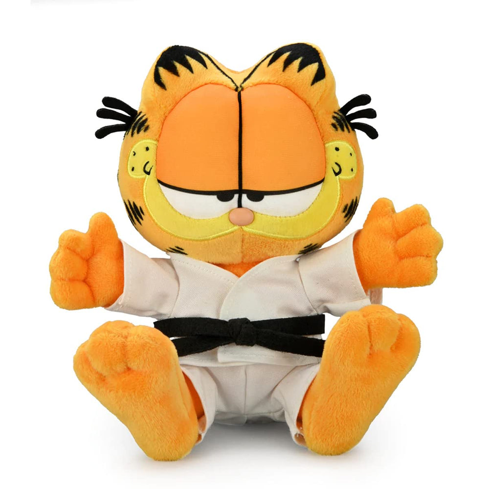 Kidrobot Garfield karate gi plush, front view, soft and collectible desk companion.