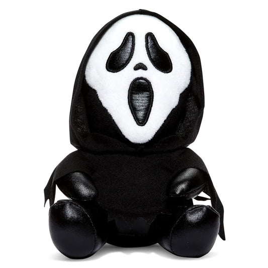 Kidrobot Ghost Face 8-inch plush in seated pose, perfect for shelf display and cozy cuddles.