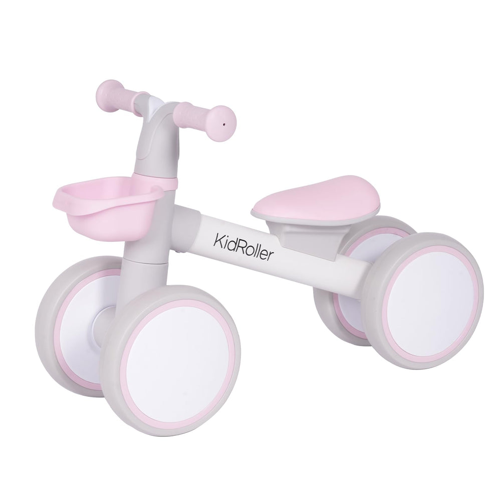 KidRoller pink balance bike with front basket for toddlers and pretend-play ideas.