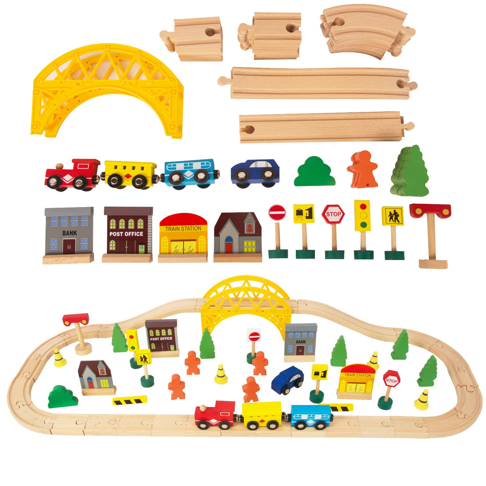 KIDS TOYLAND 60-piece train set on yellow tracks for imaginative play