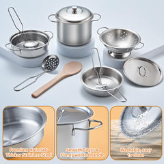 Kidsciety stainless steel cookware offers durable, safe pretend play and easy cleaning.