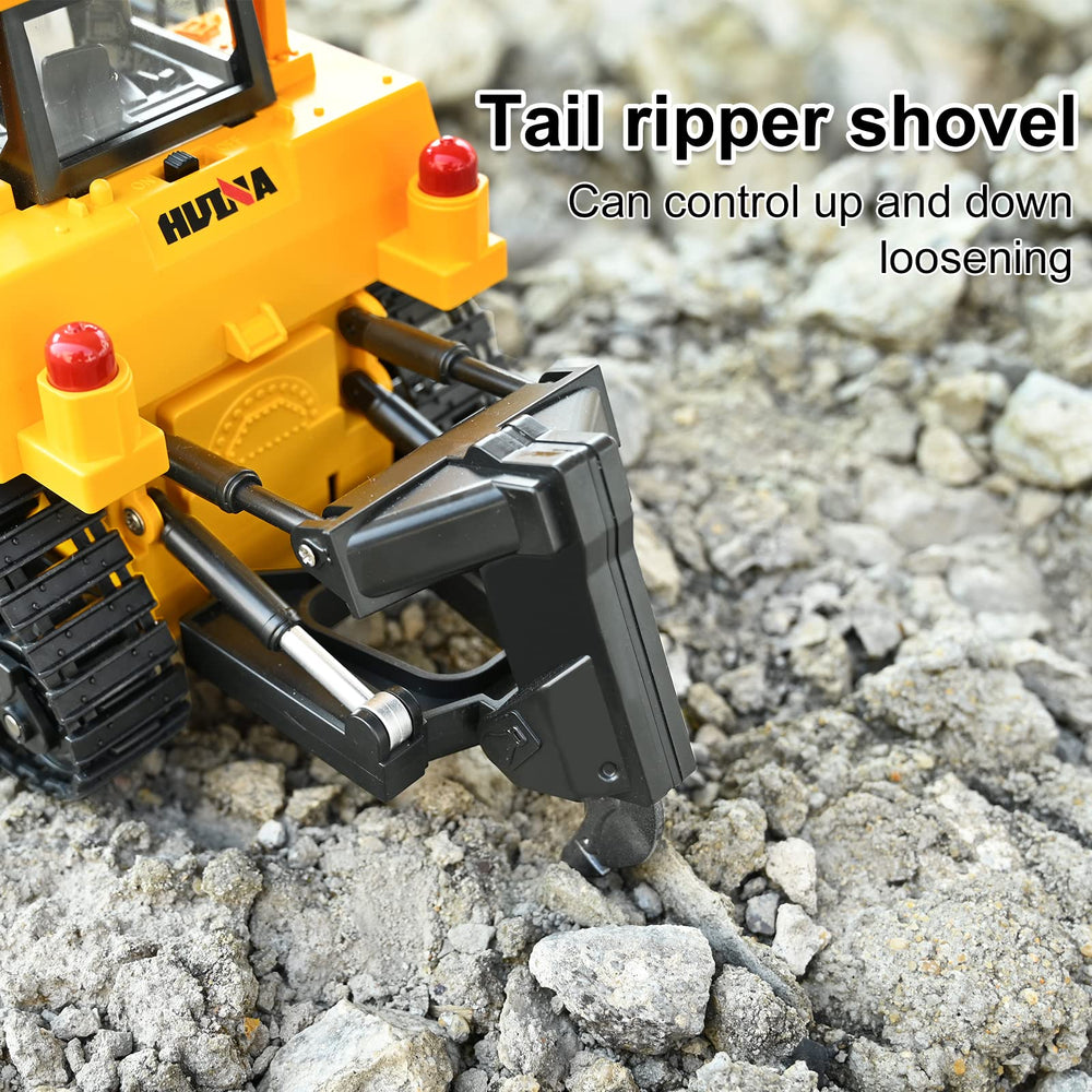 KidsFaves 11-channel RC bulldozer remote control enables wide-range group play.