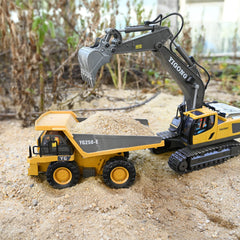 KidsFaves RC dump truck side view during action