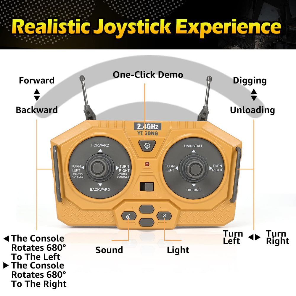 KidsFaves RC excavator for night play with lights enhances storytelling.