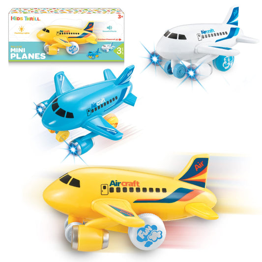 KIDSTHRILL blue airplane toy, front view, vibrant lights aid interactive play.