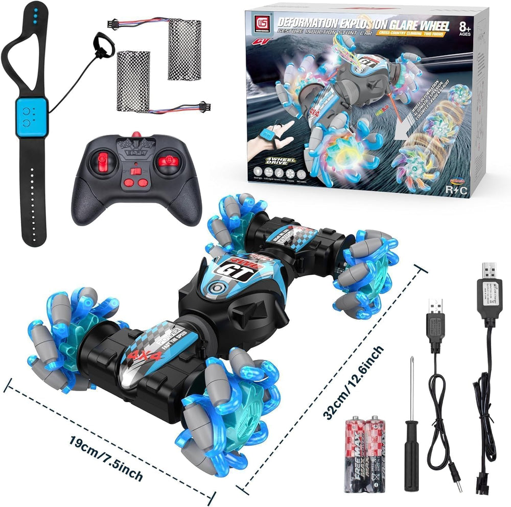 Kidstinct gesture-sensing RC stunt car blue, top view for easy storage.