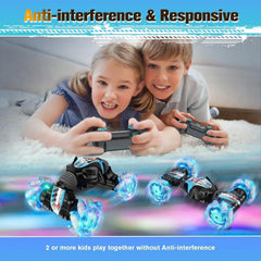 Kidstinct RC stunt car performs 360° rotation for dramatic stunts.