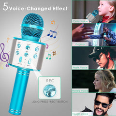KIDWILL 858-Blue kid singing image emphasizes easy wireless setup for playtime.