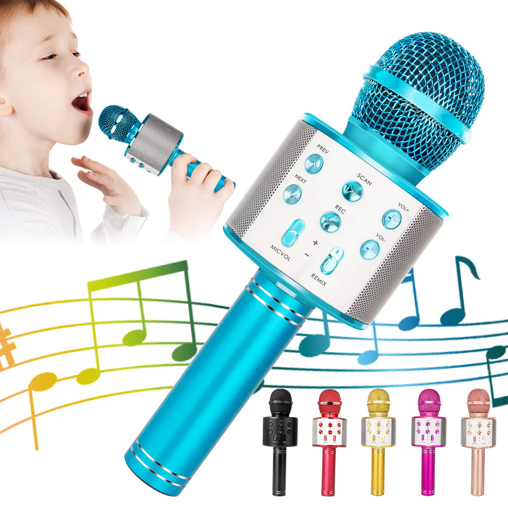 KIDWILL 858-Blue microphone front view for home karaoke sessions.
