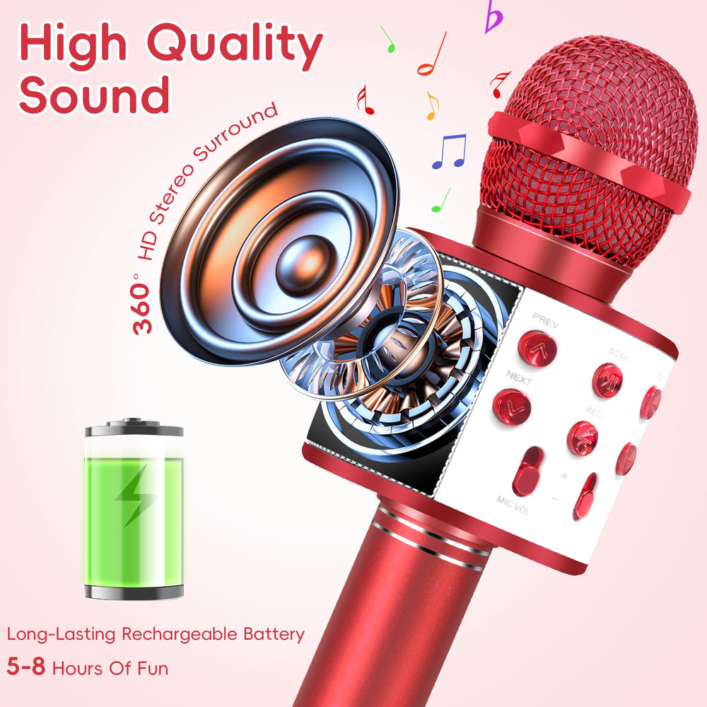 Built-in dual speakers of KidWill red karaoke mic deliver sound