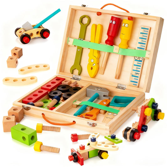 KIDWILL wooden toolbox with colorful tools for pretend play and organization.