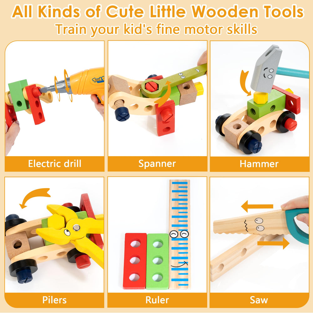 KIDWILL wooden toolbox keeps tools organized for kids.