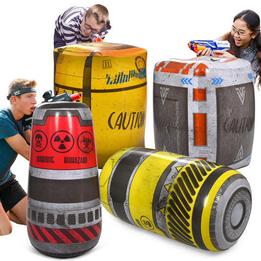 Kidzlane inflatable bunkers set with barrels for laser tag, stable during action.