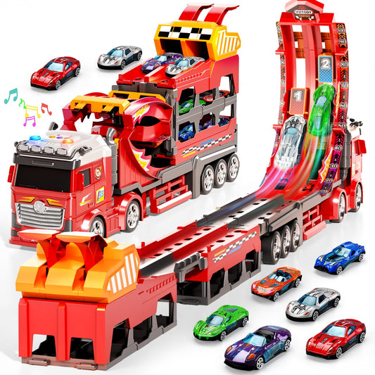 Kigwux car carrier truck with foldable race track for dynamic play