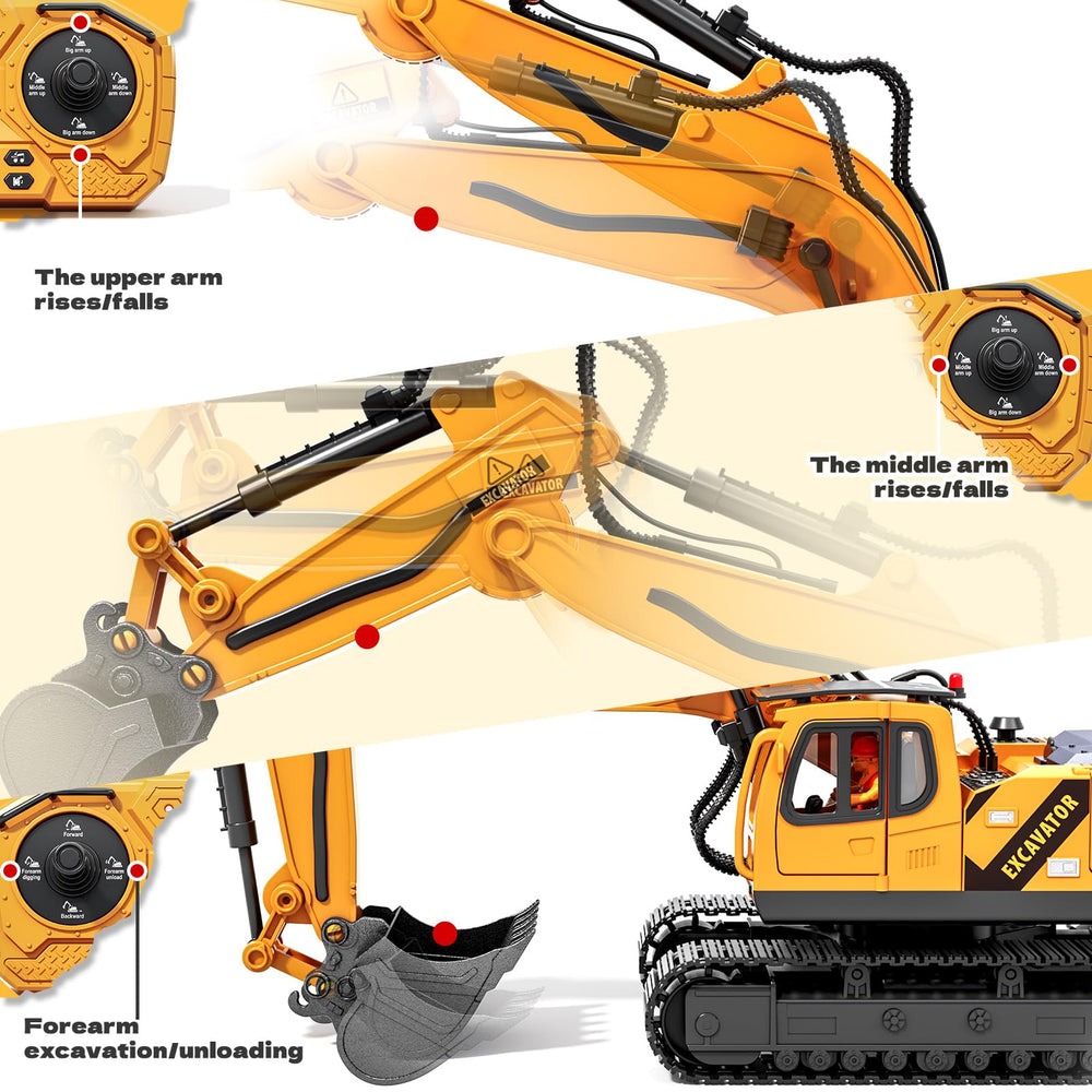 Kigwux RC excavator with versatile 680-degree cab rotation.