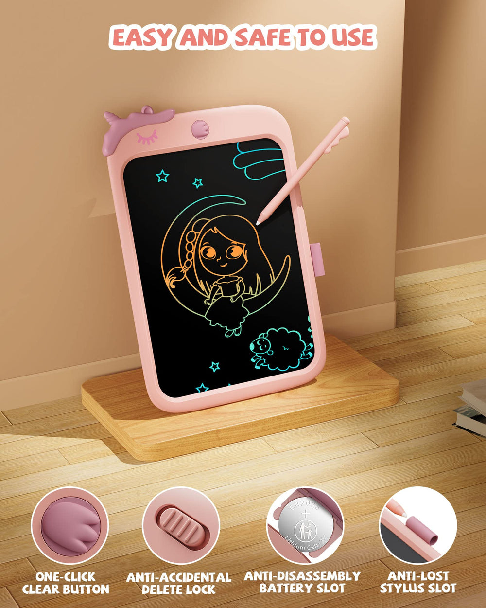 Kikapabi unicorn writing tablet side view showcasing portable, kid-friendly design