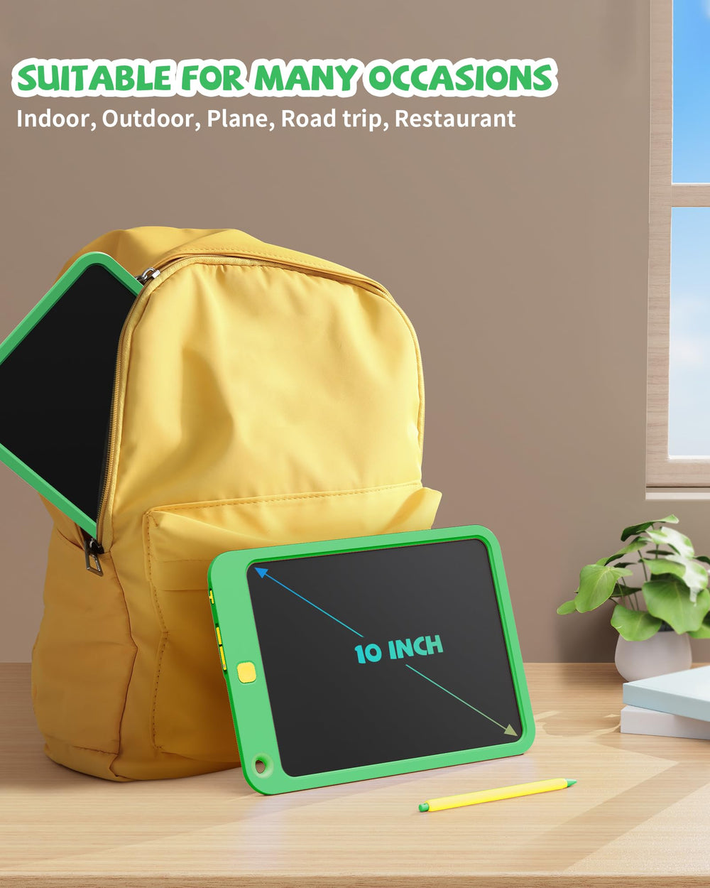 Kikapabi writing tablet 10-inch with magnet and stylus storage for mess-free use.