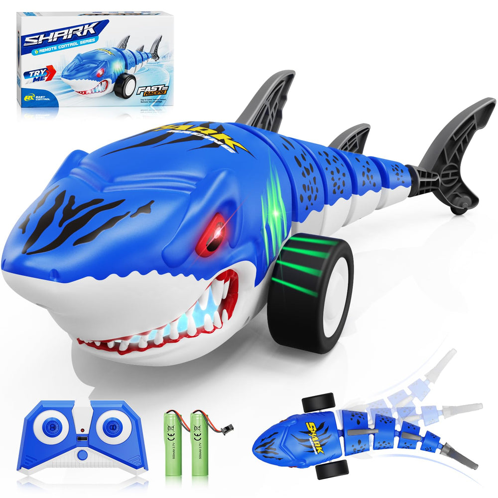 Kikikid RC shark with glowing eyes enhances immersive play indoors.