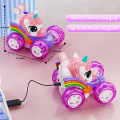 Kikikid Unicorn RC car with bright LED lights for nighttime play.