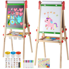 Kileubuto double-sided easel with magnetic board and chalk surface for versatile learning at home.