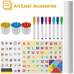 Kileubuto includes paper roll, cups, and markers for creative play sessions.