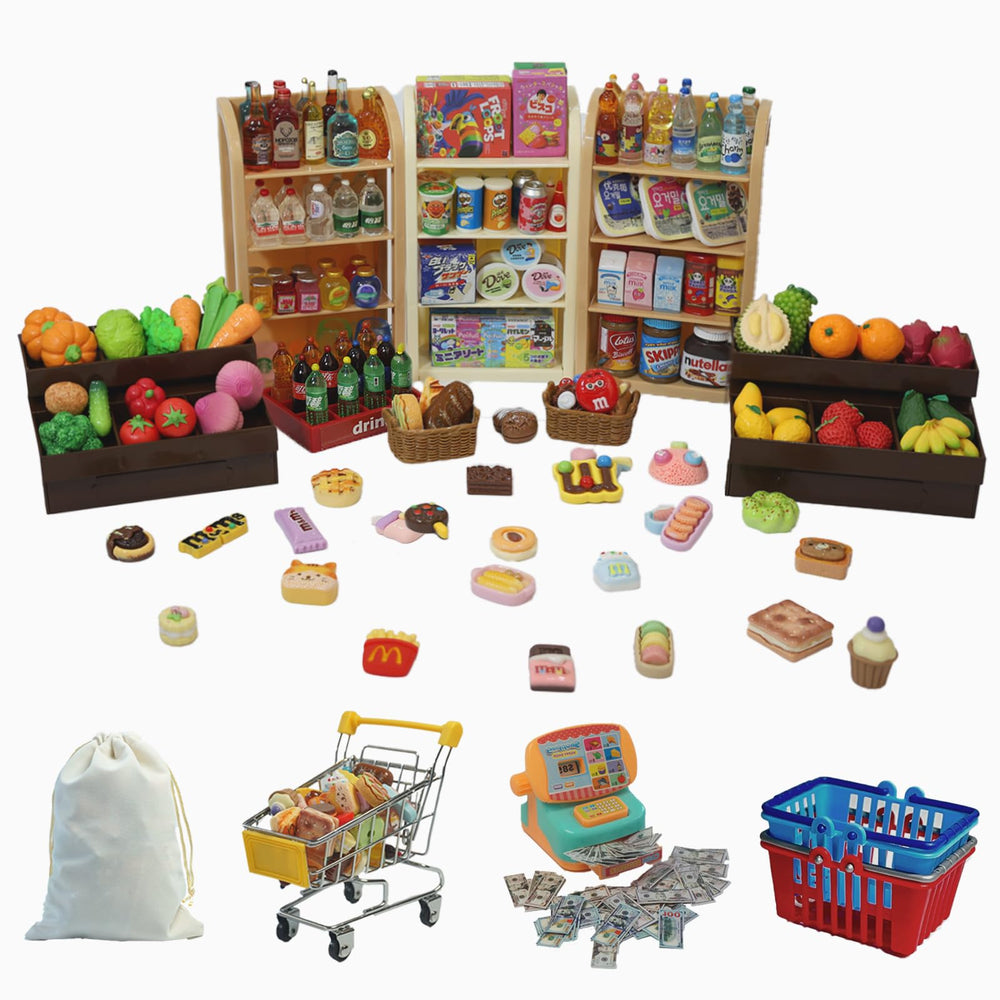 Kimo mini shopping cart playset enhances imaginative grocery role play.