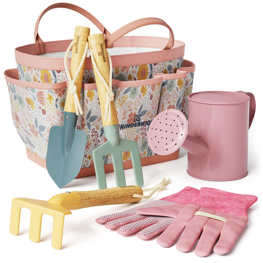 Kinderific gardening set tote bag ready for outdoor exploration and storage.