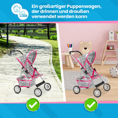 Kinderplay doll stroller footstool area provides extra space for items.