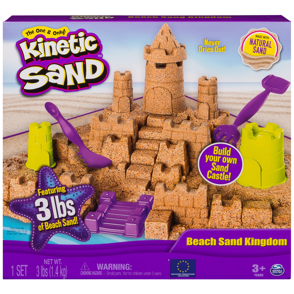 Kinetic Sand Beach Sand Kingdom box unfolds into a beach play space for mess-free creativity.