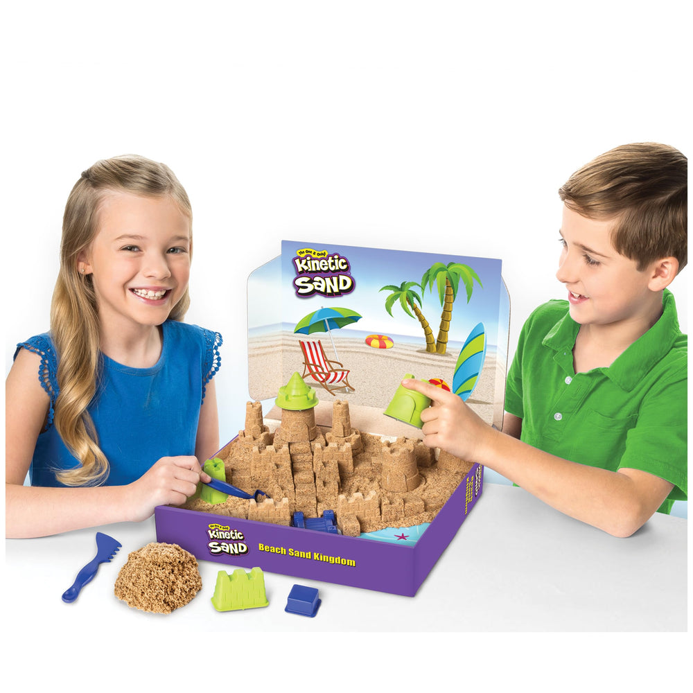 Kinetic Sand Beach Sand Kingdom castle molds showcase walls and towers for imaginative building.